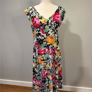 Lauren Ralph Lauren Large Vibrant Floral Knee Length Belted Dress Spring Summer